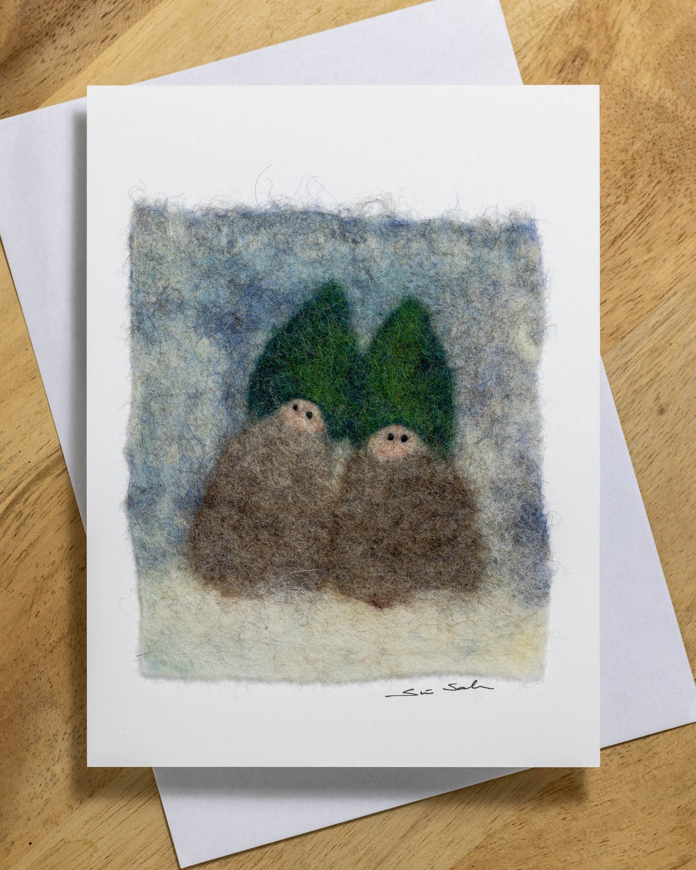 Finnish Felted Cards: Two Elves w/ Green Hats