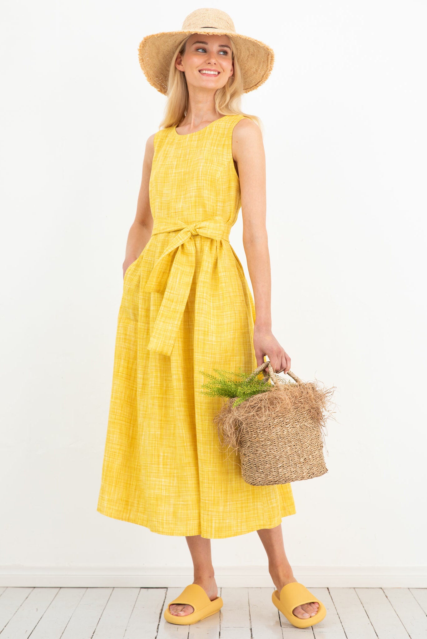Kuusama Birgit Linen Sleeveless Dress, Yellow Melange