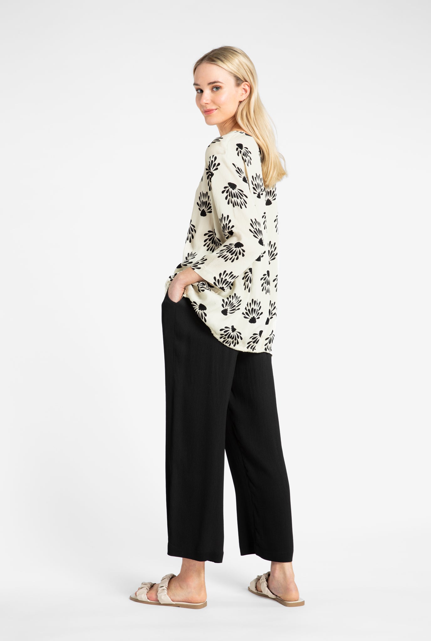 Norma  3/4 Sleeve Viscose Top, Off White/Blk